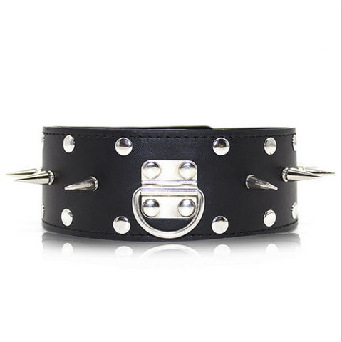 Image of Tall Locking Collar with Leash, Vegan Leather, Spikes and Studs with Lock - Collar - BDSM Collar Store