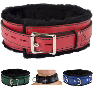Genuine Leather Collar with Soft Faux Fur Locking Triple Heavy D Ring 4 Colors - Collar - BDSM Collar Store