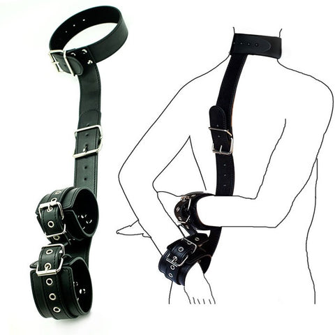Image of Collar With Behind-The-Back Cuffs, Black Vegan Leather - Cuffs - BDSM Collar Store