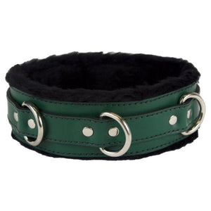 Genuine Green Leather Collar with Soft Black Faux Fur, Locking, Triple Heavy D Ring - Collar - BDSM Collar Store