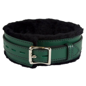 Genuine Green Leather Collar with Soft Black Faux Fur, Locking, Triple Heavy D Ring