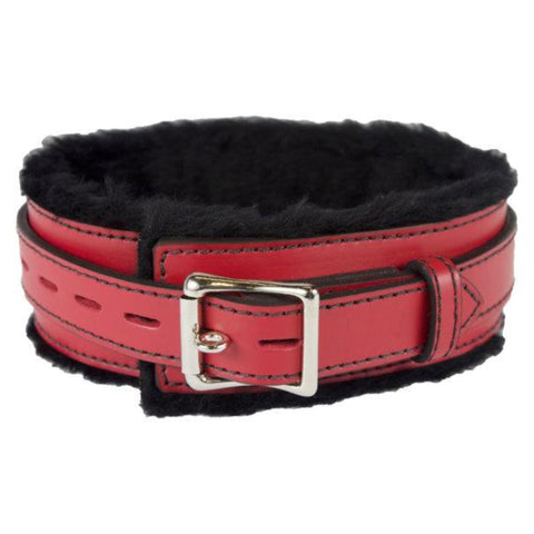 Image of Genuine Red Leather Collar with Soft Black Faux Fur, Locking, Triple Heavy D Ring - Collar - BDSM Collar Store