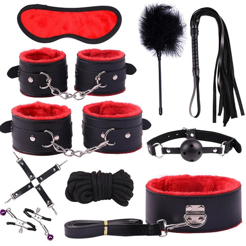 Image of Bondage Kit 14 Piece 5 Colors Fur Lined Vegan Leather Collar Cuffs Gag Whip Mask Nipple Clamps Rope Tickler Fast Attachment - Cuffs - BDSM Collar Store