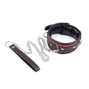 Black and Red Padded Vegan Leather Locking Collar With Leash