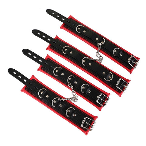 Image of Spreader Bar, 4 Padded Cuffs, Vegan Leather and Metal, Red or Black, Mix and Match 19.99 - 49.99 - Cuffs - BDSM Collar Store