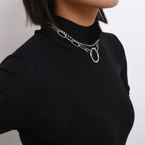 Image of Crystal and Chain Layered Day Collar with Large Ring - Day Collar - BDSM Collar Store