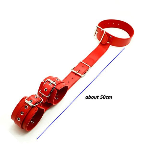 Image of Collar With Behind-The-Back Cuffs, Red Vegan Leather - Cuffs - BDSM Collar Store