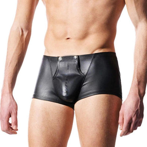 Image of Men's Bulge Pouch Boxer Briefs, Black Vegan Leather - Clothing - BDSM Collar Store