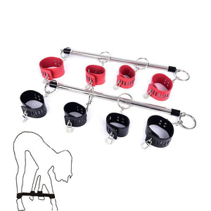 Spreader Bar, 4 Cuffs, Vegan Leather and Metal, with Locks, Red or Black