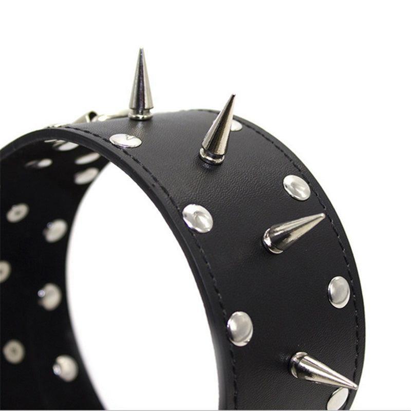 Tall Locking Collar with Leash, Vegan Leather, Spikes and Studs with Lock - Collar - BDSM Collar Store
