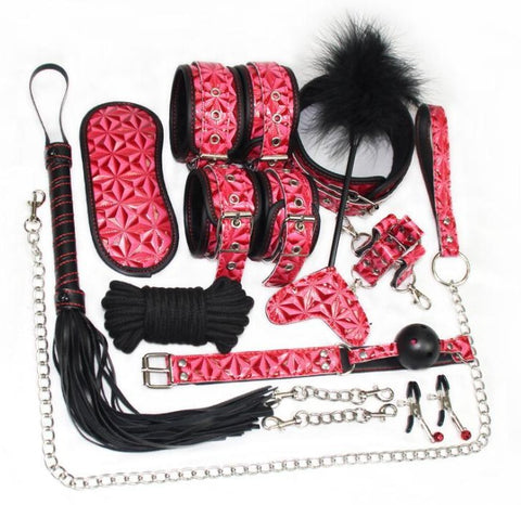 Image of Bondage Kit 16 Piece 3 Patterned Colors Fur Lined Vegan Leather Collar Cuffs Gag Whip Mask Cross Buckle Rope Nipple Clamps Paddle Tickler - Cuffs - BDSM Collar Store