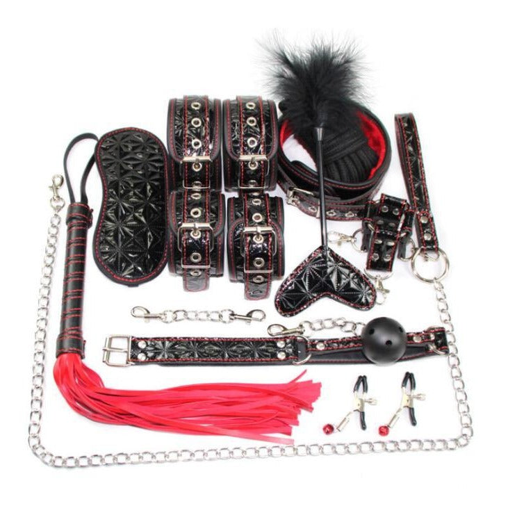 Bondage Kit 16 Piece 3 Patterned Colors Fur Lined Vegan Leather Collar Cuffs Gag Whip Mask Cross Buckle Rope Nipple Clamps Paddle Tickler - Cuffs - BDSM Collar Store