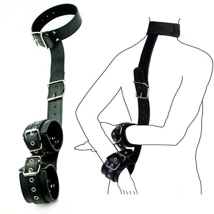 Collar With Behind-The-Back Cuffs, Black Vegan Leather - Cuffs - BDSM Collar Store