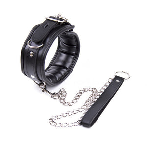 Black Padded Vegan Leather Locking Collar With Leash - Collar - BDSM Collar Store