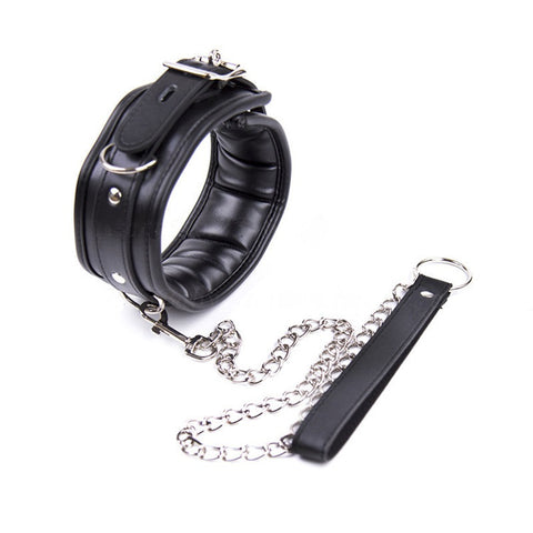 Image of Black Padded Vegan Leather Locking Collar With Leash - Collar - BDSM Collar Store