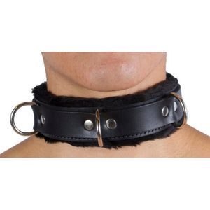 Genuine Black Leather Collar with Soft Black Faux Fur, Locking, Triple Heavy D Ring - Collar - BDSM Collar Store