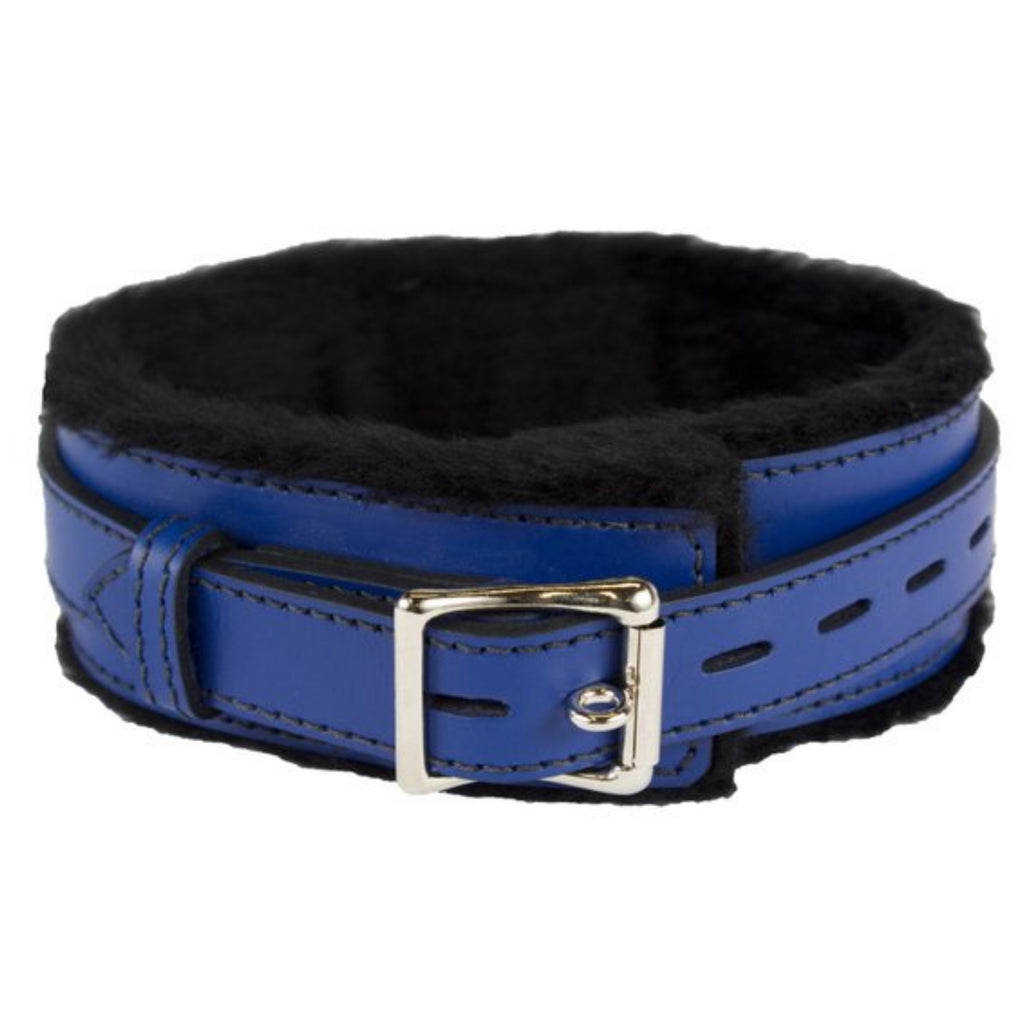 Genuine Blue Leather Collar with Soft Black Faux Fur, Locking, Triple Heavy D Ring - Collar - BDSM Collar Store
