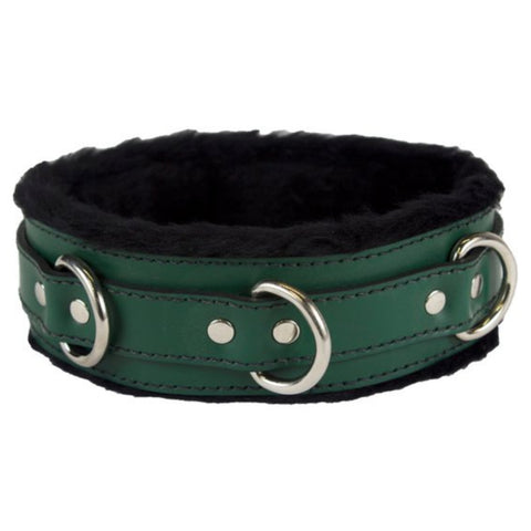 Image of Genuine Green Leather Collar with Soft Black Faux Fur, Locking, Triple Heavy D Ring - Collar - BDSM Collar Store