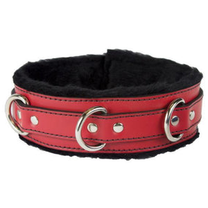 Genuine Red Leather Collar with Soft Black Faux Fur, Locking, Triple Heavy D Ring