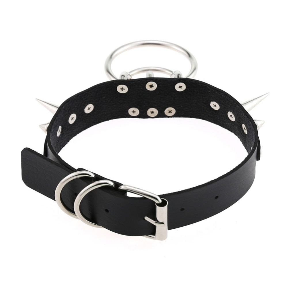 Spiked Vegan Leather Collar Double Ring 16 Colors - Collar - BDSM Collar Store