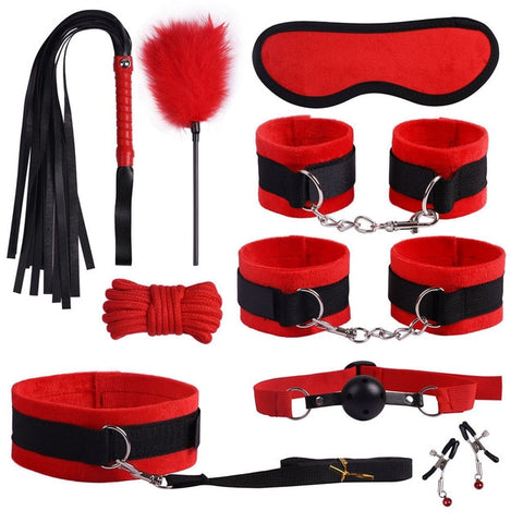 Image of Bondage Kit 14 Piece 5 Colors Fur Lined Vegan Leather Collar Cuffs Gag Whip Mask Nipple Clamps Rope Tickler Fast Attachment - Cuffs - BDSM Collar Store