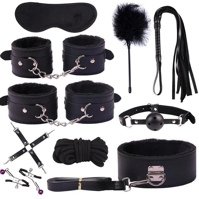 Bondage Kit 14 Piece 5 Colors Fur Lined Vegan Leather Collar Cuffs Gag Whip Mask Nipple Clamps Rope Tickler Fast Attachment - Cuffs - BDSM Collar Store
