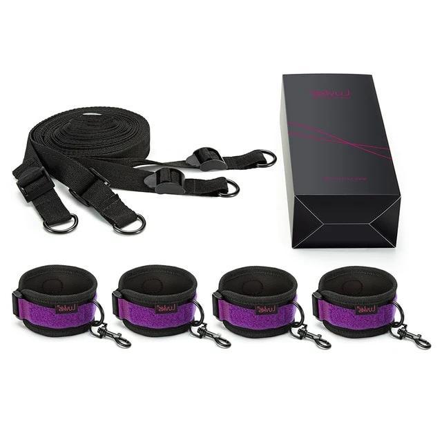 Bondage Starter Kit Wrist and Ankle Cuffs Under Bed Straps Black and Purple - Cuffs - BDSM Collar Store