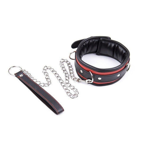 Black and Red Padded Vegan Leather Locking Collar With Leash - Collar - BDSM Collar Store