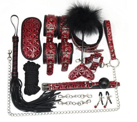 Image of Bondage Kit 16 Piece 3 Patterned Colors Fur Lined Vegan Leather Collar Cuffs Gag Whip Mask Cross Buckle Rope Nipple Clamps Paddle Tickler - Cuffs - BDSM Collar Store