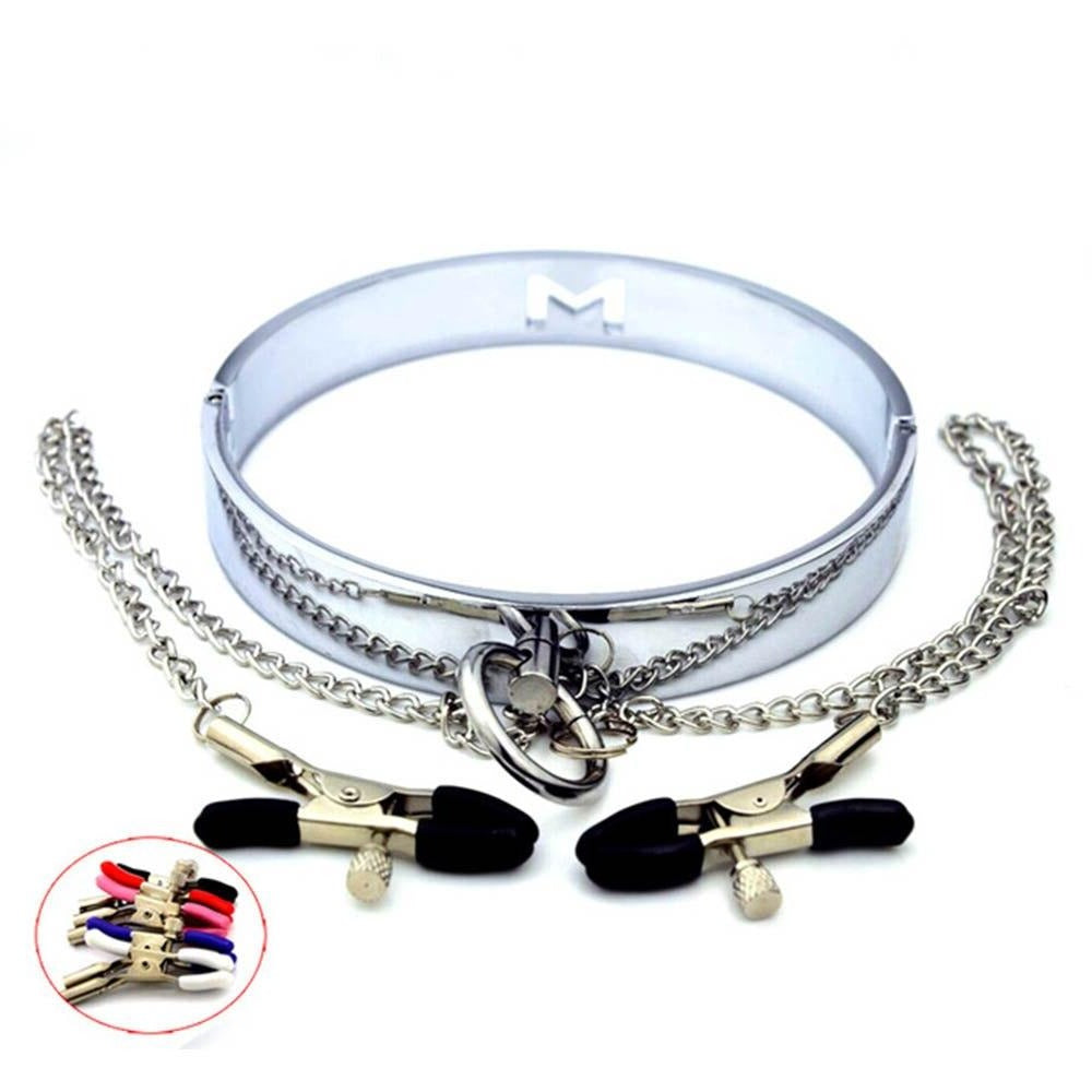 Stainless Steel Collar with Rubberized Nipple Clamps 5 Colors Available - Nipple Clamp - BDSM Collar Store