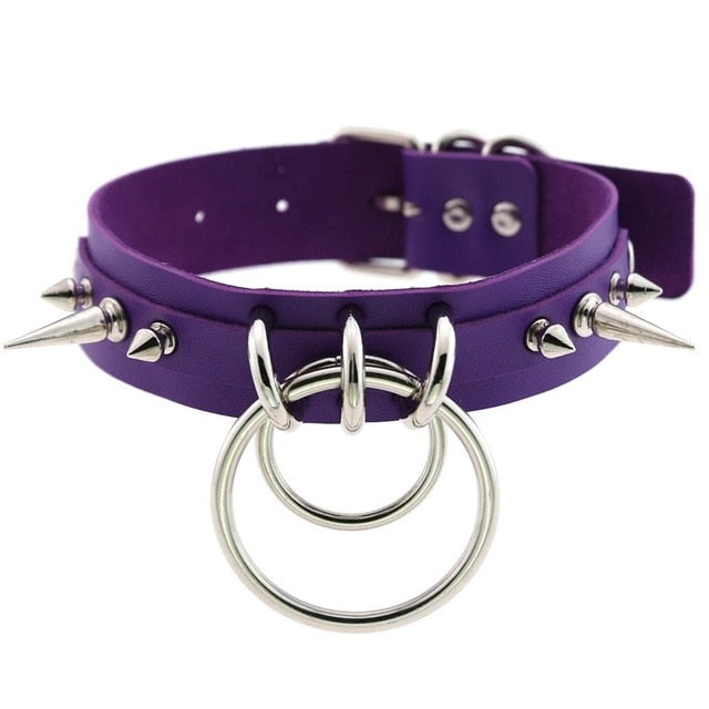 Spiked Vegan Leather Collar Double Ring 16 Colors - Collar - BDSM Collar Store