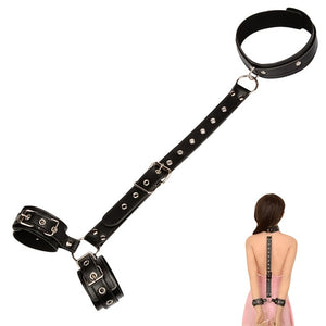 Collar With Behind-The-Back Cuffs on O-Ring, Black or Red, Vegan Leather or Nylon