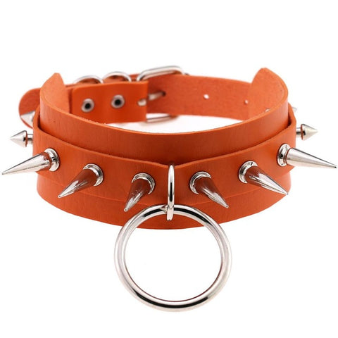 Spiked Vegan Leather Collar Large Ring 15 Colors - Collar - BDSM Collar Store