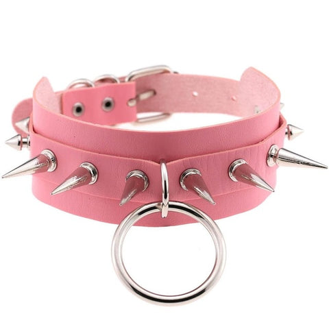 Spiked Vegan Leather Collar Large Ring 15 Colors - Collar - BDSM Collar Store