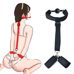 Ball Gag With Behind-The-Back Cuffs on O-Ring, Black or Red, Nylon - Cuffs - BDSM Collar Store
