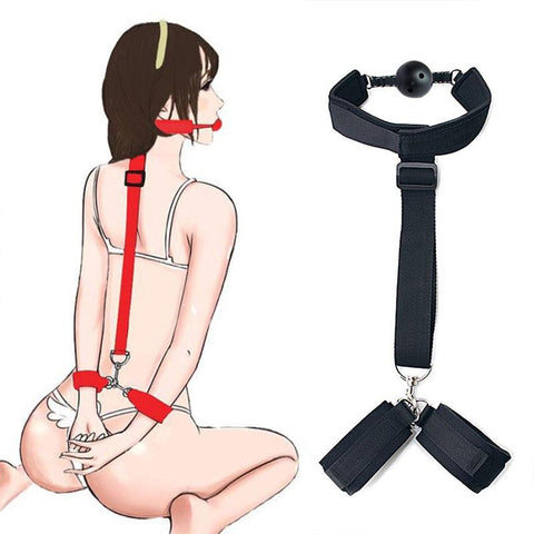 Image of Ball Gag With Behind-The-Back Cuffs on O-Ring, Black or Red, Nylon - Cuffs - BDSM Collar Store