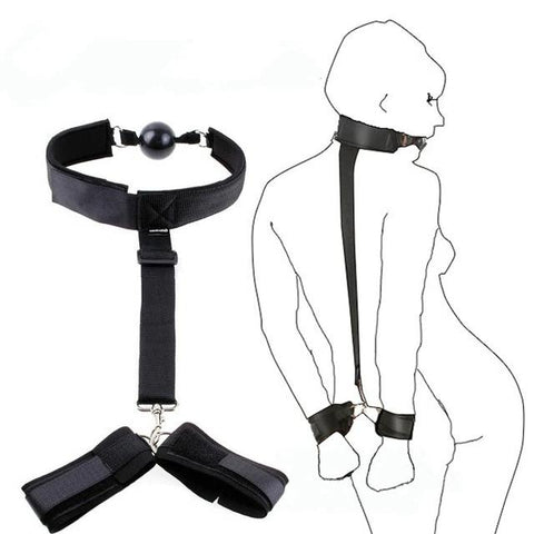 Image of Ball Gag With Behind-The-Back Cuffs on O-Ring, Black or Red, Nylon - Cuffs - BDSM Collar Store