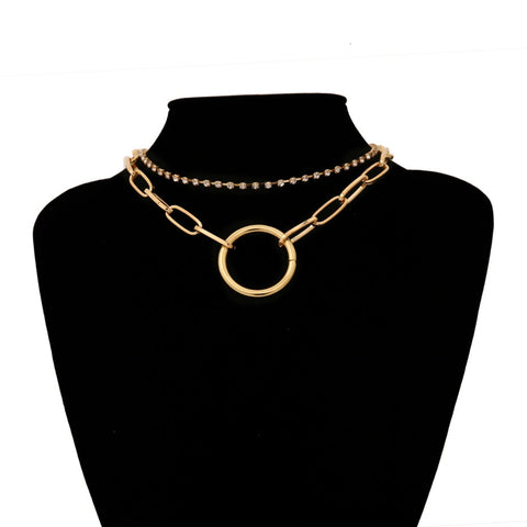 Crystal and Chain Layered Day Collar with Large Ring - Day Collar - BDSM Collar Store