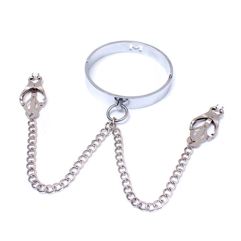 Stainless Steel Collar with Metal Nipple Clamps - Nipple Clamp - BDSM Collar Store