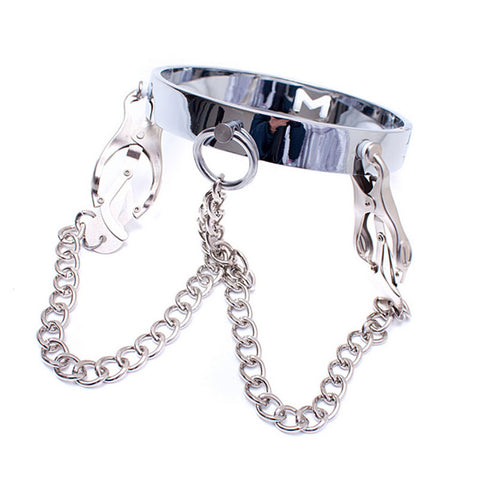 Image of Stainless Steel Collar with Metal Nipple Clamps - Nipple Clamp - BDSM Collar Store