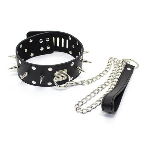 Tall Locking Collar with Leash, Vegan Leather, Spikes and Studs with Lock - Collar - BDSM Collar Store