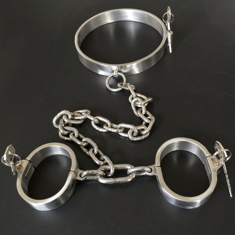 Image of Collar and Wrist Cuffs, Heavy-Duty, Stainless Steel, Locking - Cuffs - BDSM Collar Store
