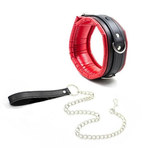 Black and Red Padded Vegan Leather Locking Collar With Leash - Collar - BDSM Collar Store