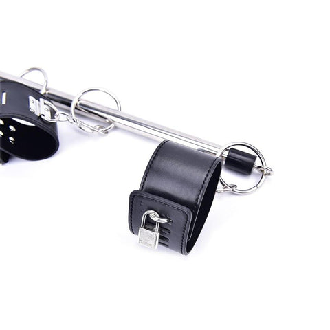 Image of Spreader Bar, 4 Cuffs, Vegan Leather and Metal, with Locks, Red or Black - Cuffs - BDSM Collar Store