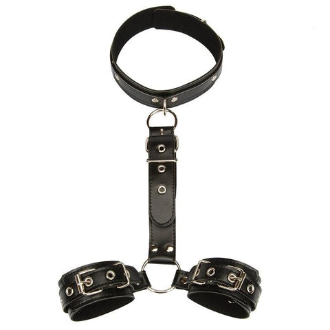Image of Collar With Behind-The-Back Cuffs on O-Ring, Black or Red, Vegan Leather or Nylon - Cuffs - BDSM Collar Store