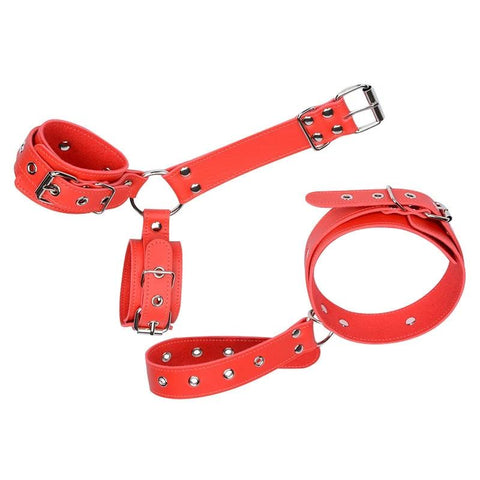 Image of Collar With Behind-The-Back Cuffs on O-Ring, Black or Red, Vegan Leather or Nylon - Cuffs - BDSM Collar Store