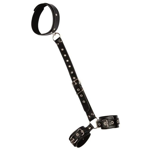 Collar With Behind-The-Back Cuffs on O-Ring, Black or Red, Vegan Leather or Nylon - Cuffs - BDSM Collar Store